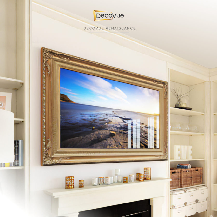 Gold decorative framed wall mirror with a vanishing TV.