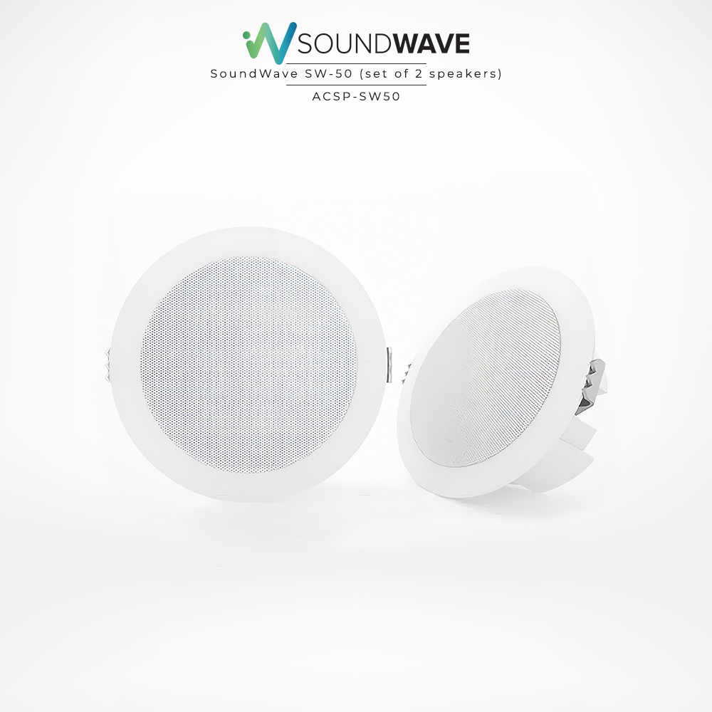 Front and back view of Soundwave speakers suitable for small and medium bathrooms.
