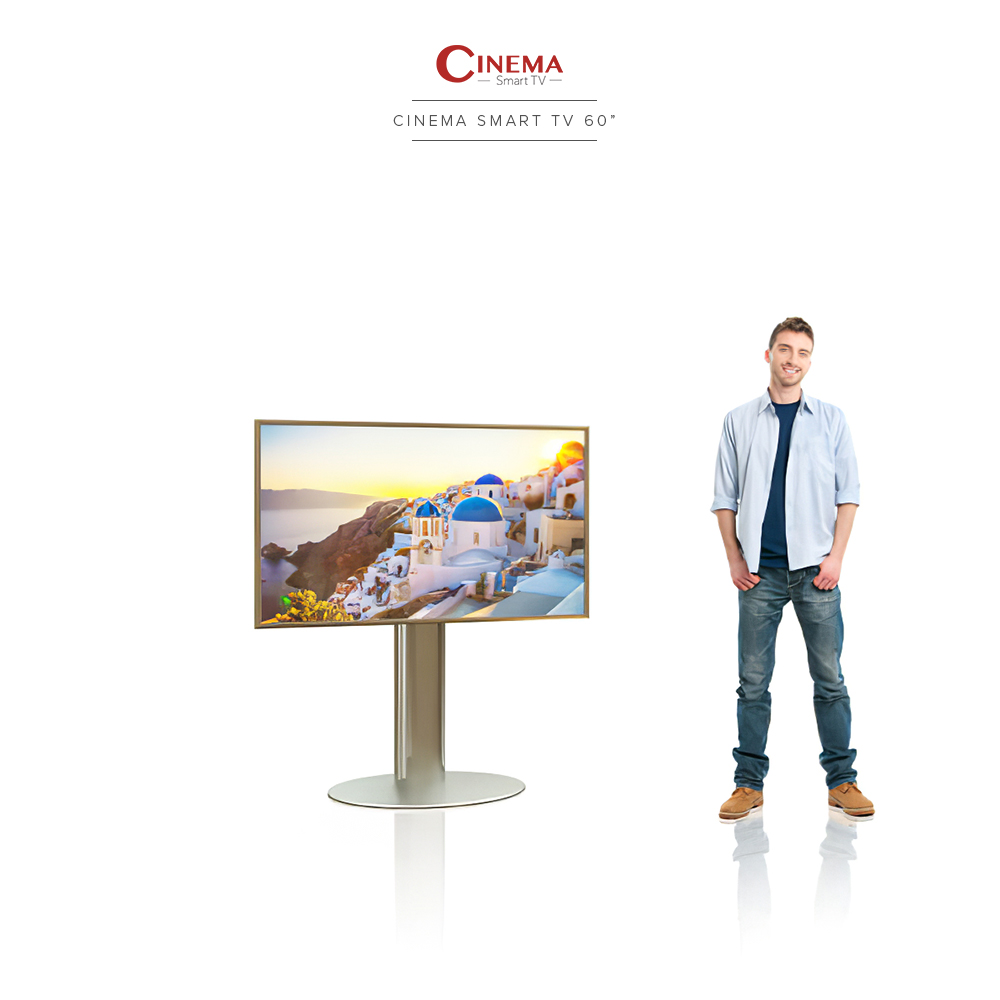 Home cinema smart TV with a beautiful stainless steel floor mount.